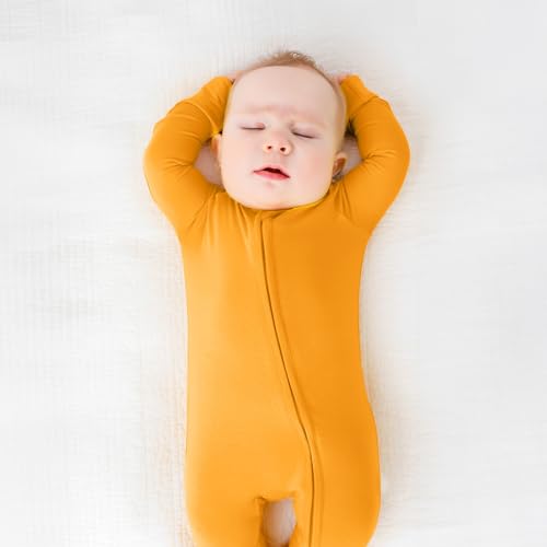 OPAWO Newborn Baby Footie Romper with Mitten Cuffs Double Zipper Jumpsuit Onesie 100% Cotton One-Piece for Boys Girls Newborn-9 Months(Ginger Yellow/Beige/Light Pink, 0-3 Months) - Image 2