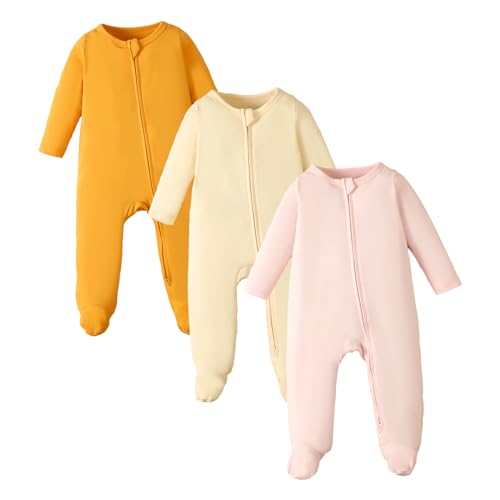 OPAWO Newborn Baby Footie Romper with Mitten Cuffs Double Zipper Jumpsuit Onesie 100% Cotton One-Piece for Boys Girls Newborn-9 Months(Ginger Yellow/Beige/Light Pink, 0-3 Months) - Image 1