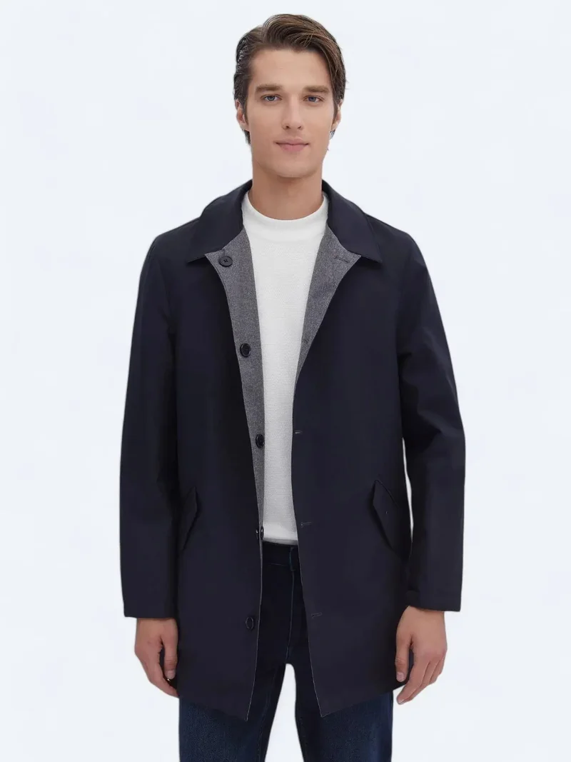 Kip Navy Blue Regular Fit Turtleneck Casual Weaving Rain Coat