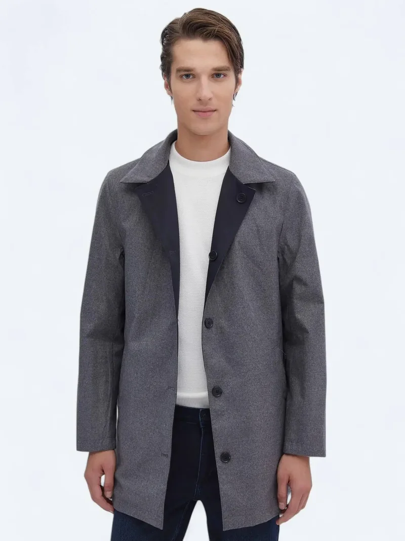 Kip Navy Blue Regular Fit Turtleneck Casual Weaving Rain Coat