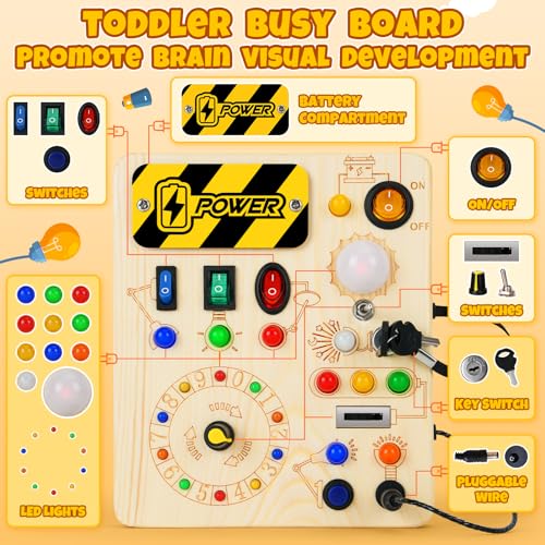 OAKJAR Busy Board Montessori Toys for 1 Year Old Busy Board with 13 Led Light Wooden Toddler Educational Travel Toy 1 Year Old BoyGirl Gifts - Image 5