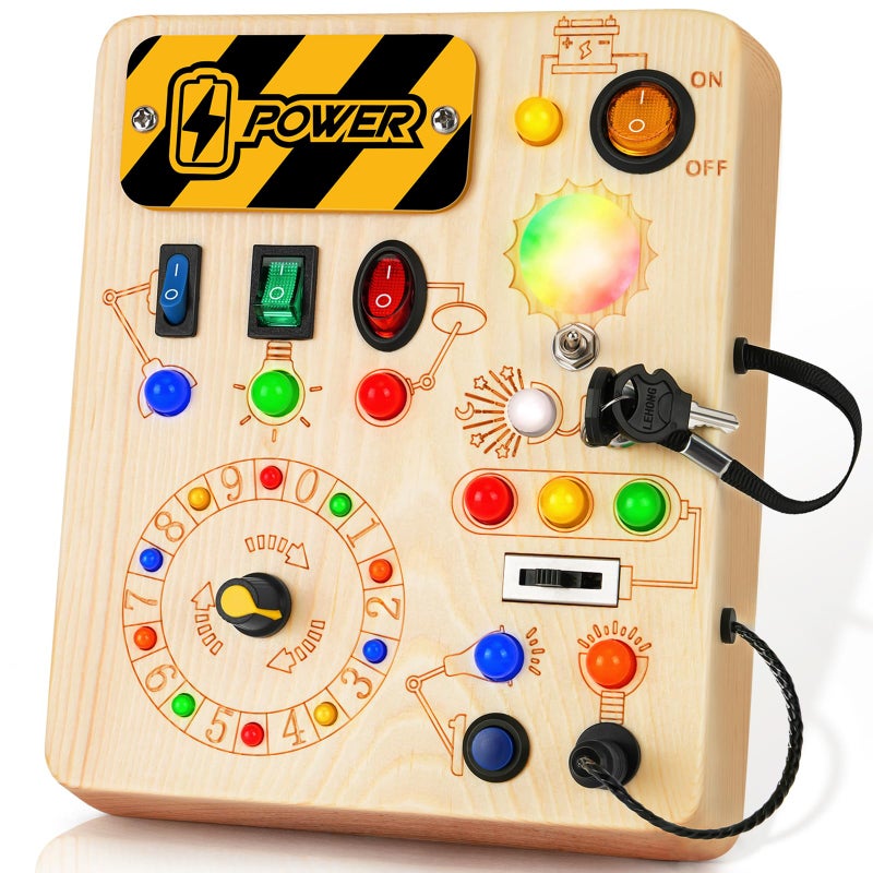 OAKJAR Busy Board Montessori Toys for 1 Year Old Busy Board with 13 Led Light Wooden Toddler Educational Travel Toy 1 Year Old BoyGirl Gifts - Image 3