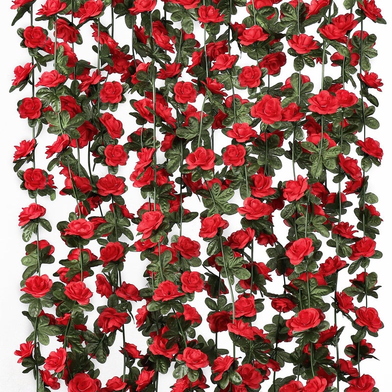 KHOYIME 18 Pack 144 FT Artificial Flower Garland, Fake Red Roses Vines Silk Flowers Faux Plastic Outdoor Hanging Floral Ivy Garland Decoration for Wedding Arch Bedroom Home Wall Backdrop Room Decor - Image 1