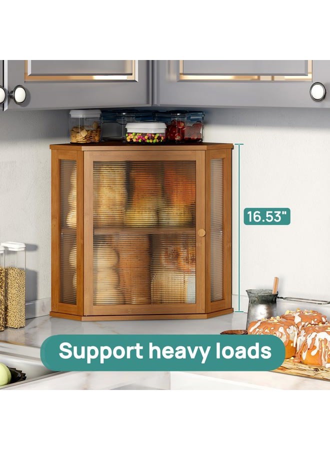 viewcare Corner Bread Box for Kitchen Counter, Bamboo Wood Large Capacity Bread Storage Bin with Acrylic Wavy Door Panel (Brown, Extra Large) - Image 3