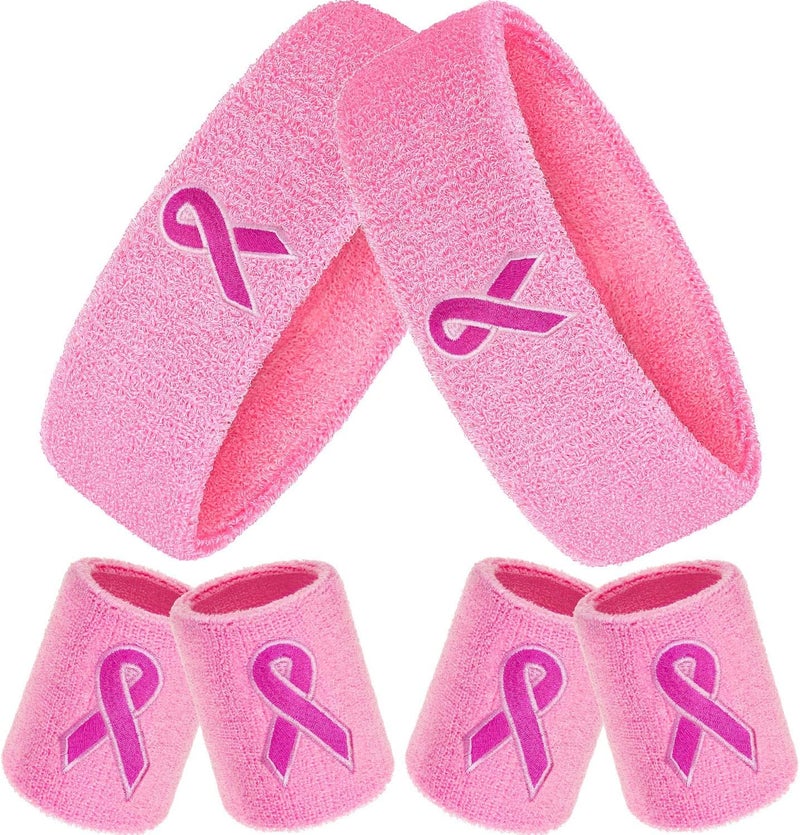 Bememo 6 Pieces Breast Cancer Awareness Sweatbands Set, Includes 2 Pieces Sports Headband and 4 Pieces Wristbands Sweatbands Pink Ribbon Sweatband Set for Men and Women - Image 1