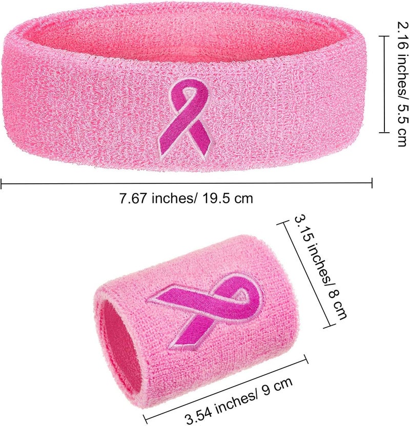 Bememo 6 Pieces Breast Cancer Awareness Sweatbands Set, Includes 2 Pieces Sports Headband and 4 Pieces Wristbands Sweatbands Pink Ribbon Sweatband Set for Men and Women - Image 4