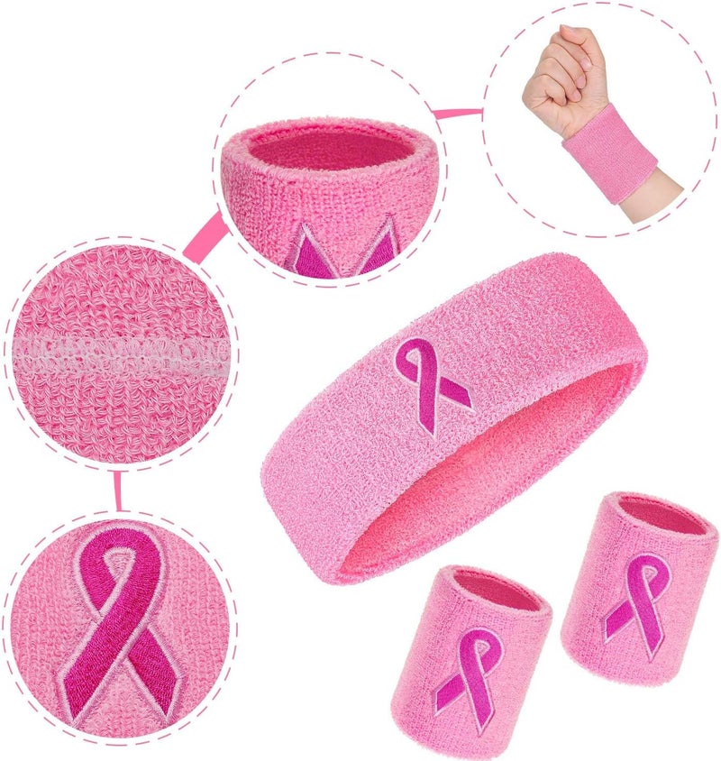 Bememo 6 Pieces Breast Cancer Awareness Sweatbands Set, Includes 2 Pieces Sports Headband and 4 Pieces Wristbands Sweatbands Pink Ribbon Sweatband Set for Men and Women - Image 2