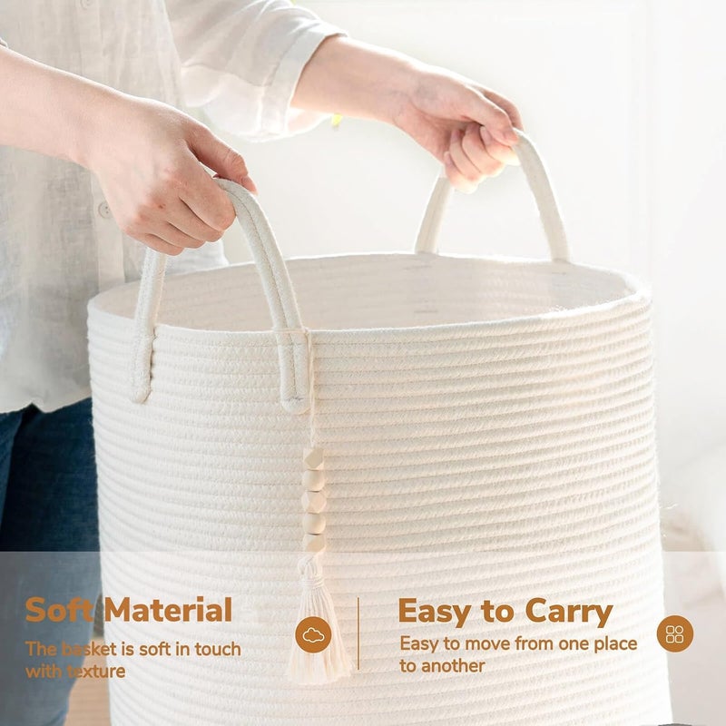 Goodpick White Laundry Basket with Handles Tall Woven Laundry Hamper for Clothes Towels Pillows Toys Decorative Blanket Basket for Living Room Bedroom Playroom 16 x 20 inches - Image 4