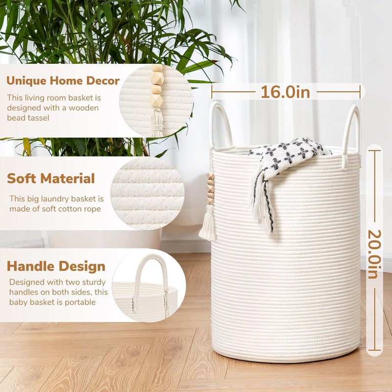 Goodpick White Laundry Basket with Handles Tall Woven Laundry Hamper for Clothes Towels Pillows Toys Decorative Blanket Basket for Living Room Bedroom Playroom 16 x 20 inches - Image 3