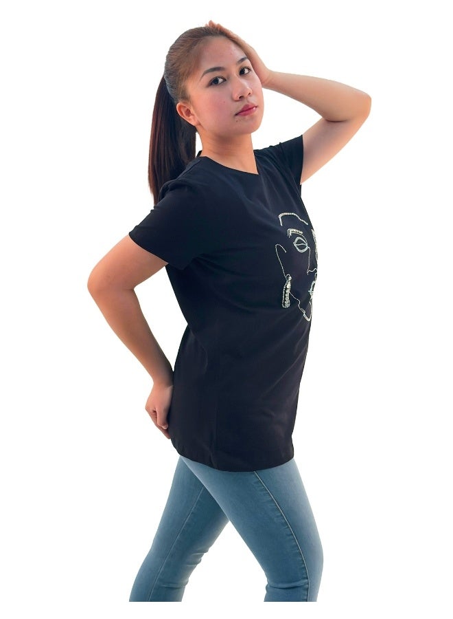JOANNA JOANNA W203011 Women's Lady Face Print Round Neck Short Sleeve T-Shirt - Black - Image 2