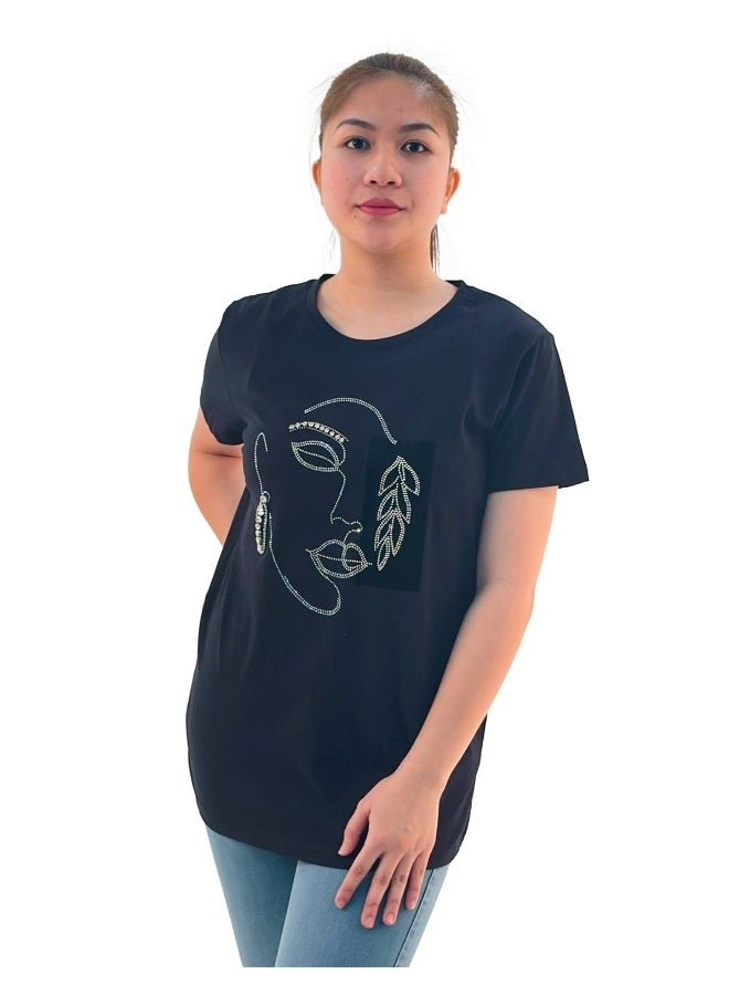 JOANNA JOANNA W203011 Women's Lady Face Print Round Neck Short Sleeve T-Shirt - Black - Image 1
