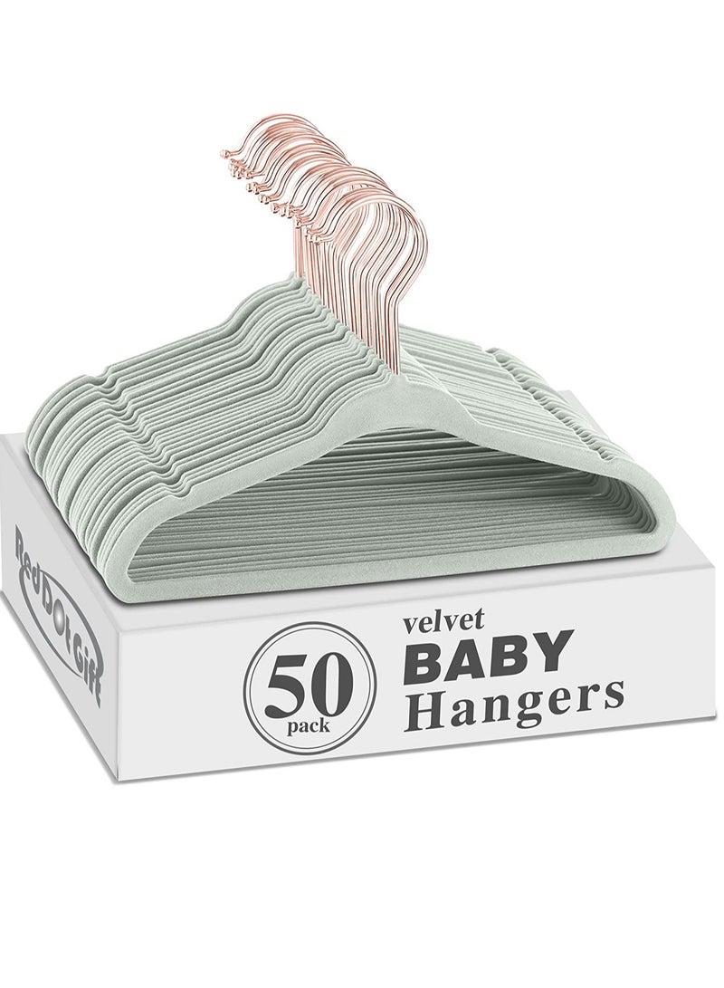 Red Dot Gift 50-Pack Matcha Green Color Baby Velvet Hangers 11Inch - Nursery Clothes Hangers Non Slip Toddler Hangers, 360 Chrome Rose-Gold Hook.  - Image 1