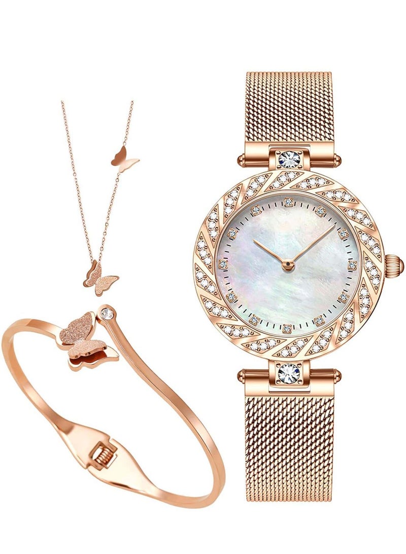 Elegant Women Watch Set, 3 Pcs Lady Watches with Bracelet and Necklace Analogue Quartz Diamond Stainless Steel Strap, Rose Gold Jewelry Set - Image 1