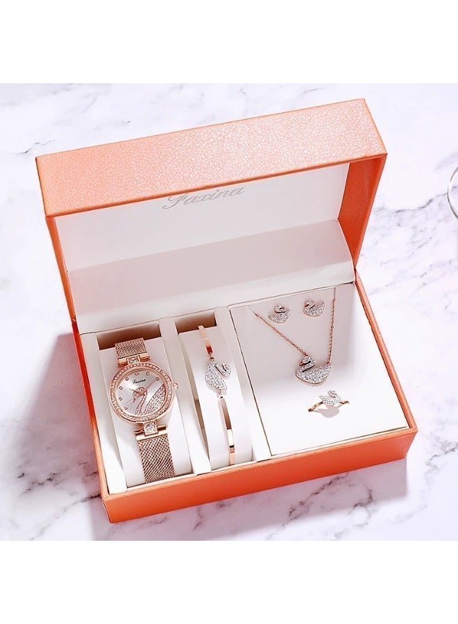 Elegant Women Watch Set, 3 Pcs Lady Watches with Bracelet and Necklace Analogue Quartz Diamond Stainless Steel Strap, Rose Gold Jewelry Set