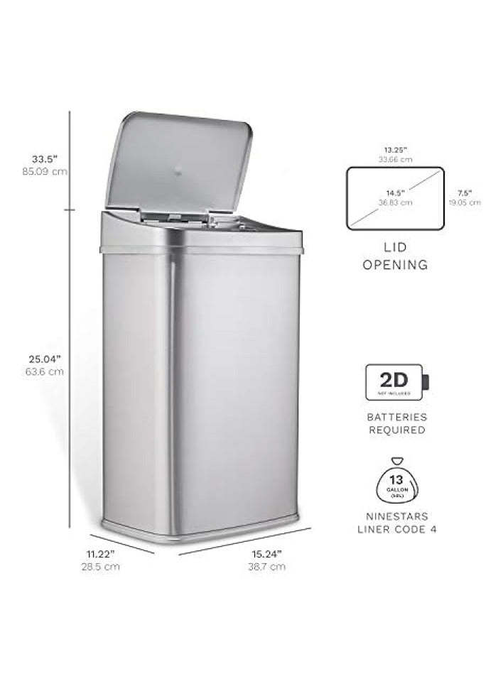 نينستارز DZT-50-28، 50 لترًا من سلة المهملات والقمامة الأوتوماتيكية بدون لمس والمستشعر الحركي المصنوعة من الفولاذ المقاوم للصدأ مع آلية غطاء فضية شديدة التحمل للمنزل والمطبخ والمكتب - Image 3
