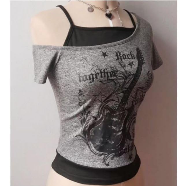MANGMAO Emo Grunge Shirts Women 2000s Graphic Baby Tees Fake Two Piece Short Sleeve Vintage Y2k Crop Top Goth Alt Clothes (Grey Black,S,Small) - Image 5