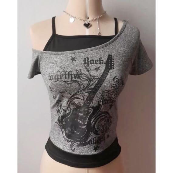 MANGMAO Emo Grunge Shirts Women 2000s Graphic Baby Tees Fake Two Piece Short Sleeve Vintage Y2k Crop Top Goth Alt Clothes (Grey Black,S,Small) - Image 4