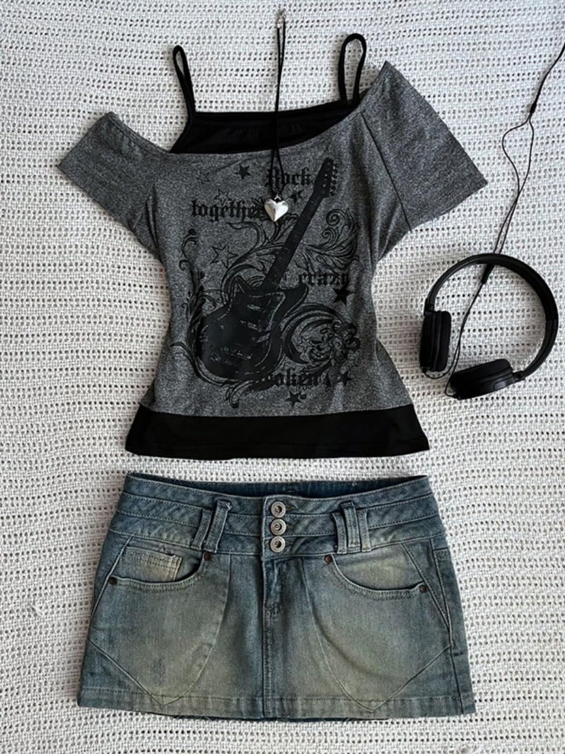 MANGMAO Emo Grunge Shirts Women 2000s Graphic Baby Tees Fake Two Piece Short Sleeve Vintage Y2k Crop Top Goth Alt Clothes (Grey Black,S,Small) - Image 2