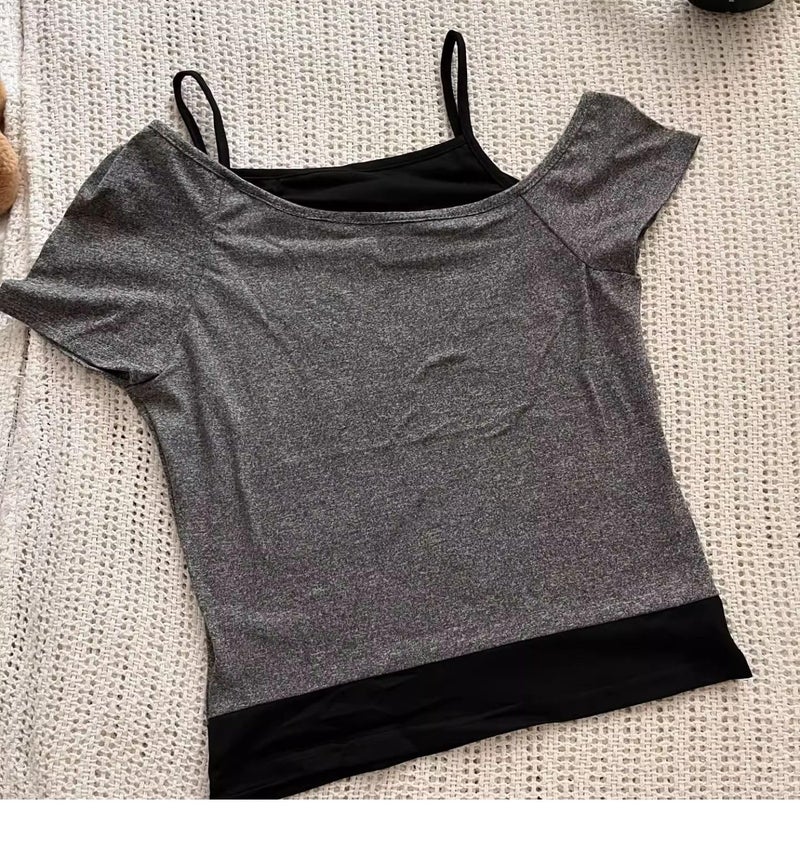 MANGMAO Emo Grunge Shirts Women 2000s Graphic Baby Tees Fake Two Piece Short Sleeve Vintage Y2k Crop Top Goth Alt Clothes (Grey Black,S,Small) - Image 3