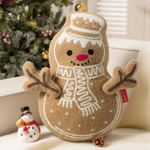 Phantoscope Gingerbread Merry Christmas Throw Pillow Plush Teddy Xmas Gingerbread Snowman Shaped Pillows with DIY Branch Arms Christmas Decorative Pillow for Couch Beige 19x115 inches - Image 1