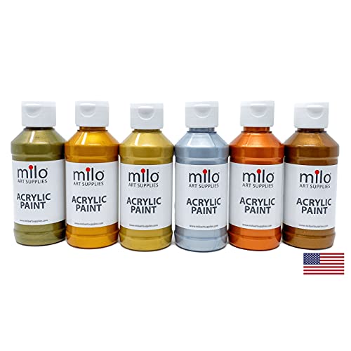 milo Metallic Acrylic Paint Set of 6 Colors | 4 oz Bottles | Student Metallic Colors Acrylics Painting Pack | Made in the USA | Non-Toxic Art & Craft Paints for Artists, Kids, & Hobby Painters - Image 1
