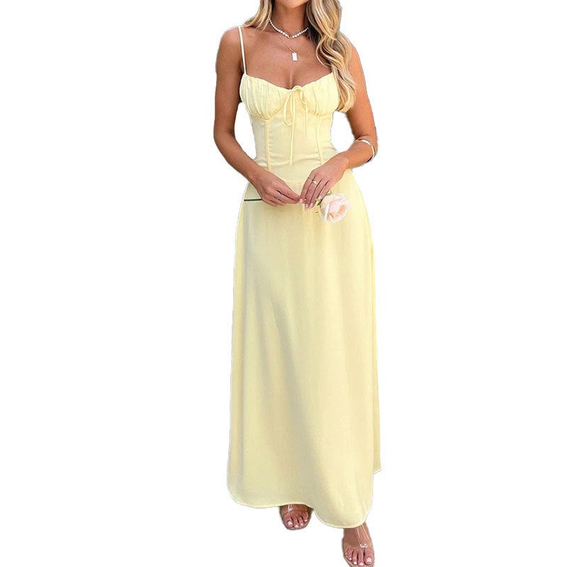 Elegant Solid A-line Midi Dress with Tie - Image 5