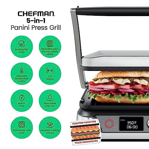 Chefman 5-in-1 Digital Panini Press Grill Sandwich Maker and Griddle Grill Combo with Removable, Reversible Dishwasher-Safe Grilling Plates, Opens 180° for Indoor BBQ /Flat Top Grill, Stainless steel - Image 2