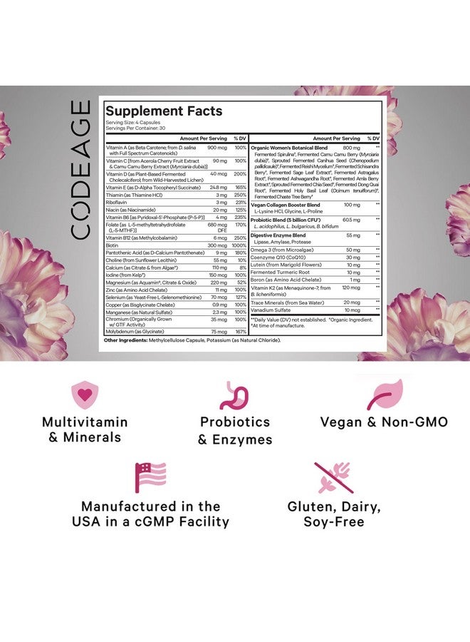 Codeage Women’s Daily Multivitamin, 25+ Vitamins & Minerals, Fermented, Organic Whole Foods, Probiotics Supplement - Vitamin A, Vitamin B, Vitamins C, D, E & K, Omega 3, Zinc - Vegan - 120 Capsules - Image 2