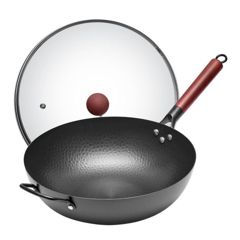 WANGYUANJI Iron Wok134 inch Chinese Craft Wok with Lid Flat Bottom Stir Fry PanChemicalfree Wok Pan for All StovesWrought Iron Wok Pure Iron Cookware
