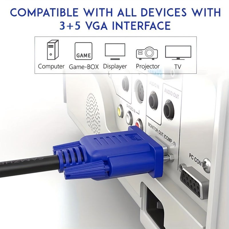 كابل تمديد VGA ذكر إلى ذكر بطول 2.7 متر، 15 دبوس، لشاشة الكمبيوتر وجهاز العرض والتلفزيون والكمبيوتر، محول. - Image 2