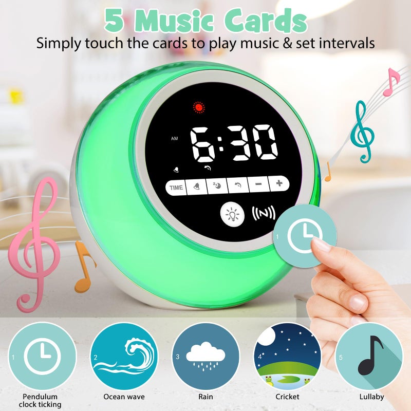 BUTTING ساعة BUTTING للاستيقاظ، ساعة منبه للأطفال مع بطاقات موسيقية، آلة صوتية، مؤقت قيلولة، ساعة تدريب على النوم للأطفال الصغار - Image 3