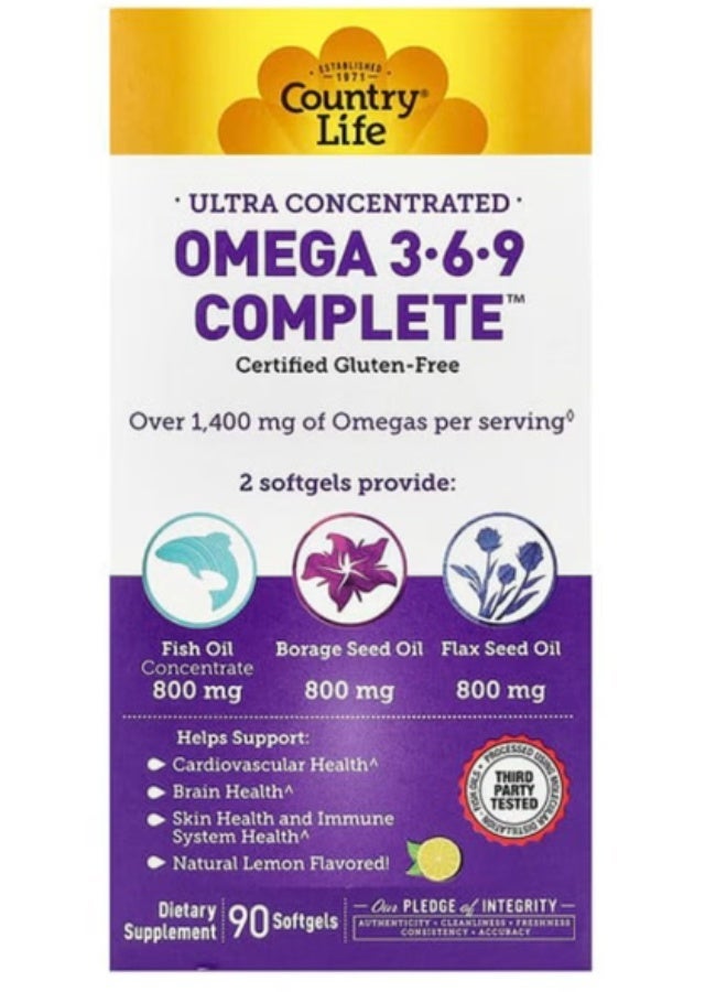 Country Life Omega 3-6-9, Ultra Concentrated, Supports Cardiovascular & Brain Health, 90 Softgels, Certified Gluten Free - Image 1