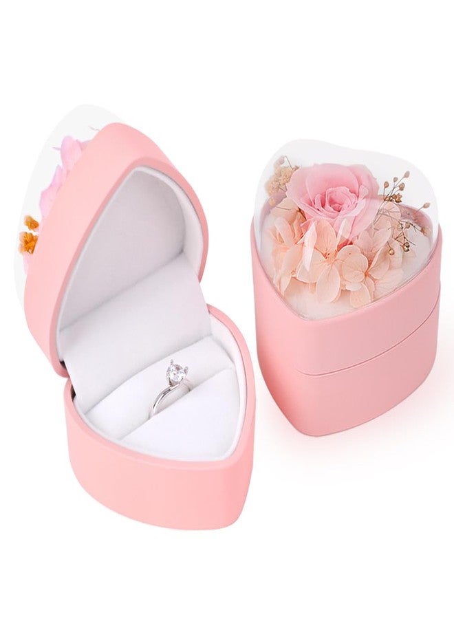 iSuperb Heart Shape Ring Box Preserved Flower Rose Ring Case Velvet Jewelry Box Gift Box for Wedding Anniversary Birthday (Pink) - Image 1