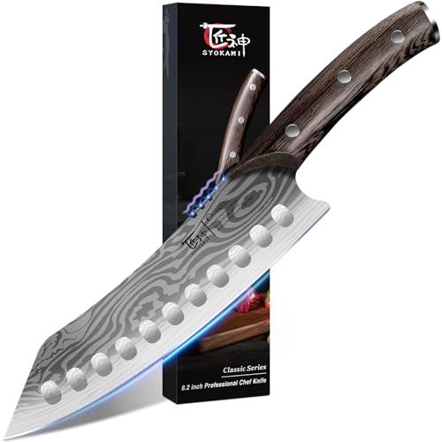 SYOKAMI Japanese Kitchen Knife, 8.2 Inch Chef Knife, Carbon Steel Kiritsuke, Razor Sharp Santoku for Precision Cutting, Damascus Pattern, Full Tang Wood Handle,Thanksgiving Christmas Cooking Gifts - Image 1