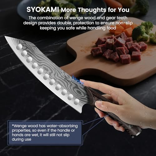 SYOKAMI Japanese Kitchen Knife, 8.2 Inch Chef Knife, Carbon Steel Kiritsuke, Razor Sharp Santoku for Precision Cutting, Damascus Pattern, Full Tang Wood Handle,Thanksgiving Christmas Cooking Gifts - Image 4