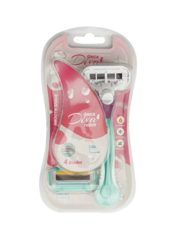 Premium 4-Blade Razor - 1 Handle + 2 Replacement Razor Blades