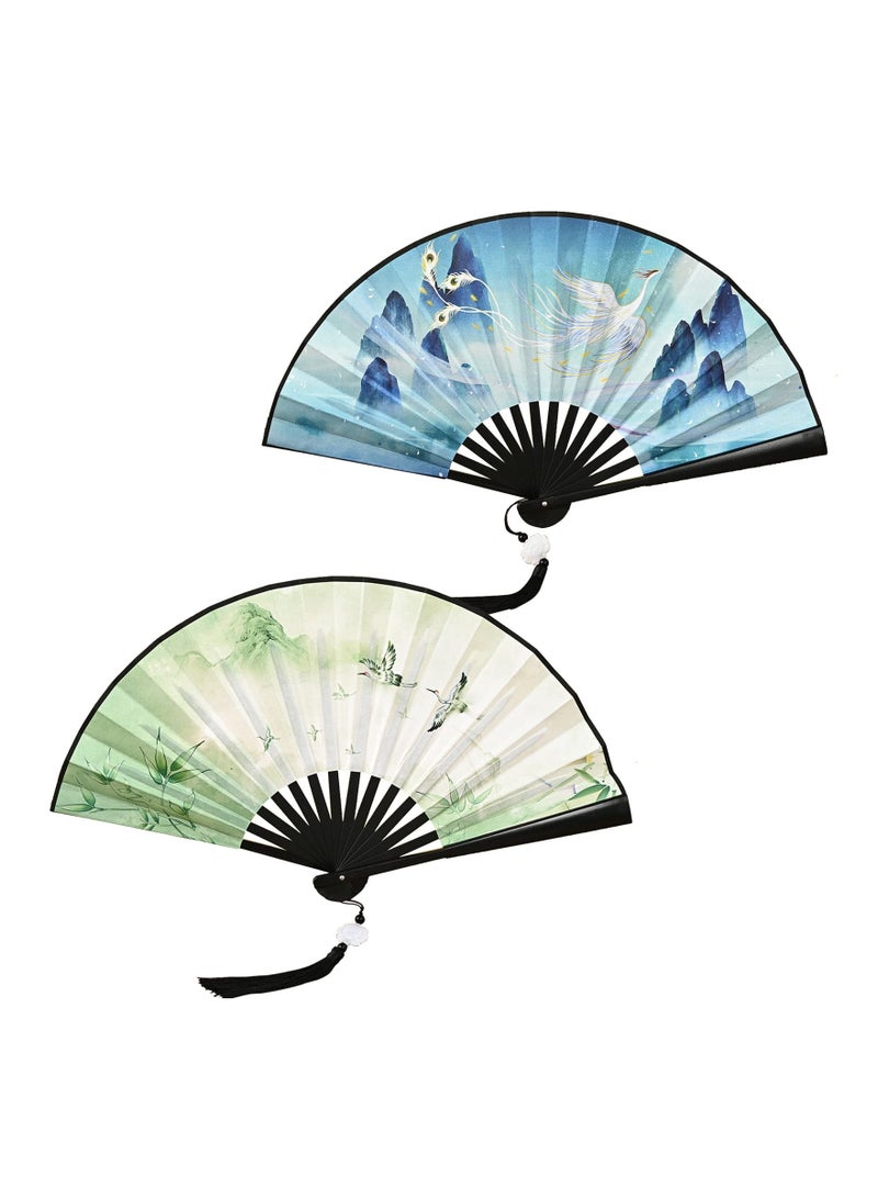 SYOSI Folding Fan, Folding Hand Fans with Tassel Hand Fans with Tassel Bamboo Silk Fabric Foldable Fan for Cool Down, Dancing, Wedding Party, Wall Decorationfor Role-Playing, As a Gift(2 Pcs) - Image 1