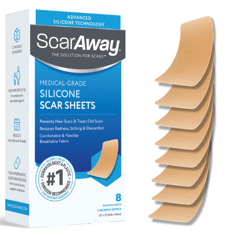 ScarAway Advanced Silicone Scar Sheets Medical Grade Silicone Strips 15 x 3 Scar Treatment Prevention for Surgical Burn Body Hypertrophic Keloid Scars Treatment 8 Tan Reusable Sheets