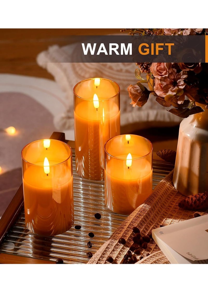 ELTRAZONE Set of 3 Glass LED Flameless Pillar Candles – Real Wax, Flickering Wick, Battery-Powered with Remote & Timer, Elegant Gold Finish for Home, Weddings & Festivals - Image 5