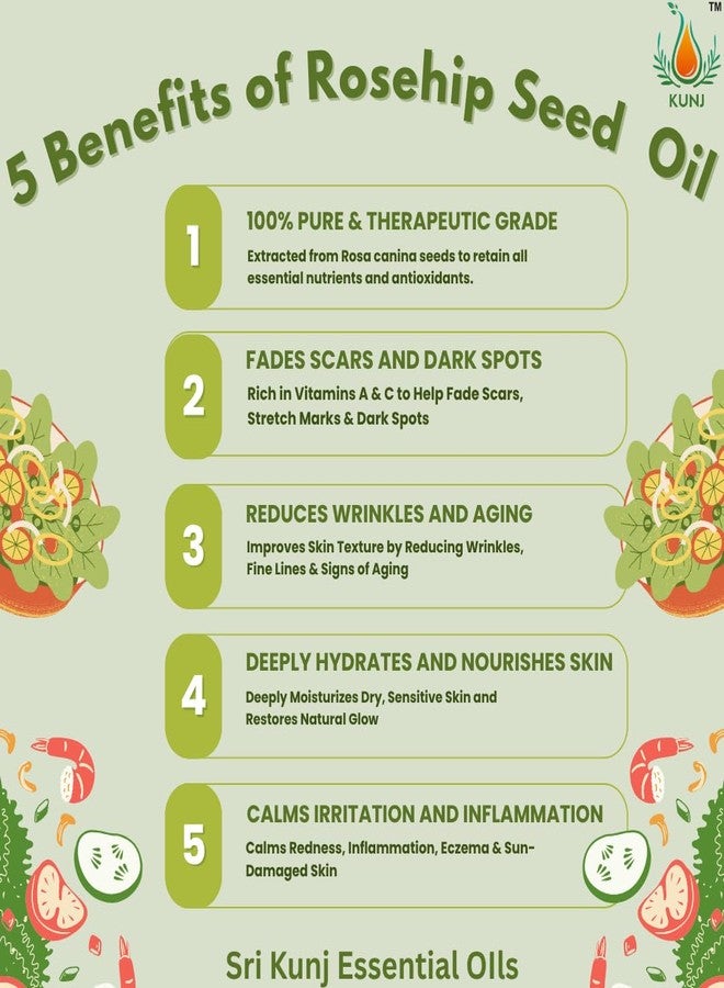 KUNJ Rosehip Seed Oil (Rosa rubiginosa) 10ML - 100% Pure & Natural, Cold Pressed, Undiluted - Therapeutic Grade Oil for Skin Care, Hydration, Anti-Aging & Radiance - Image 5