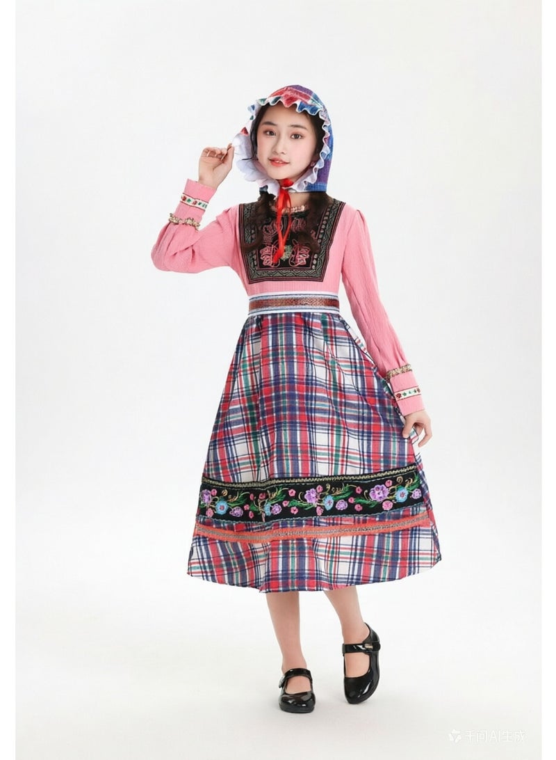 liannaner Kids Traditional European Folk Costume, Girls Floral Embroidered Plaid Dress with Bonnet, Ethnic Peasant Outfit for Halloween & Cultural Events - Image 1