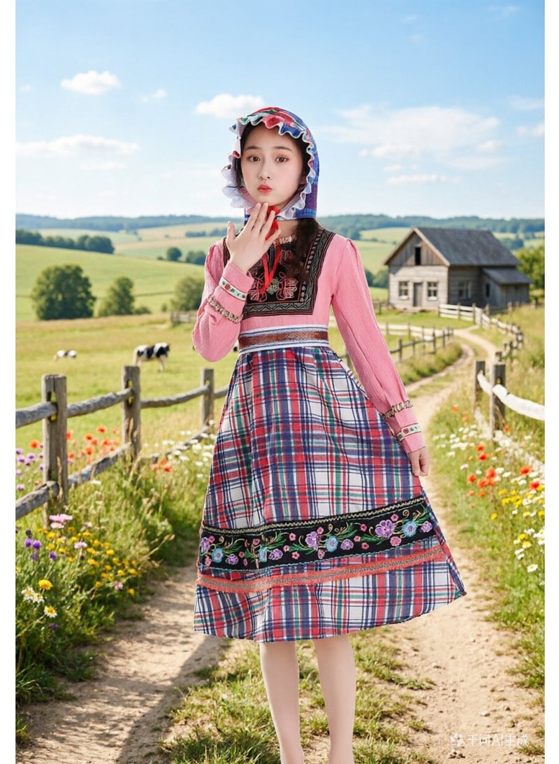 liannaner Kids Traditional European Folk Costume, Girls Floral Embroidered Plaid Dress with Bonnet, Ethnic Peasant Outfit for Halloween & Cultural Events - Image 5
