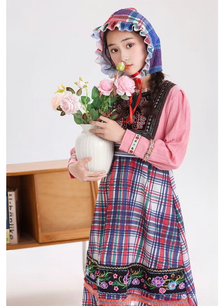liannaner Kids Traditional European Folk Costume, Girls Floral Embroidered Plaid Dress with Bonnet, Ethnic Peasant Outfit for Halloween & Cultural Events - Image 4