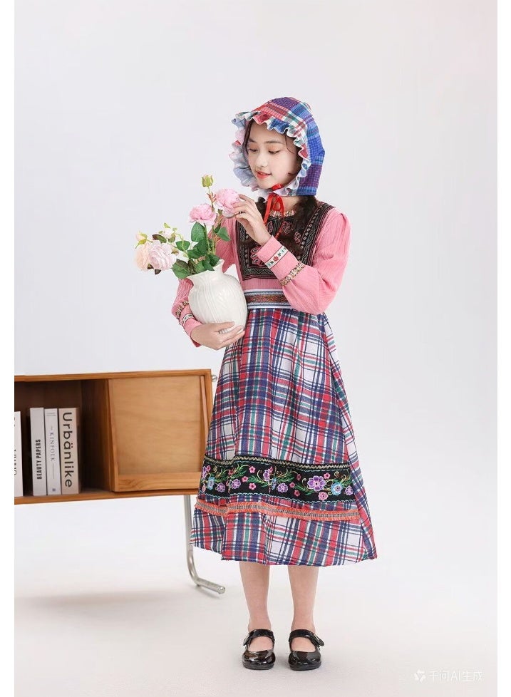liannaner Kids Traditional European Folk Costume, Girls Floral Embroidered Plaid Dress with Bonnet, Ethnic Peasant Outfit for Halloween & Cultural Events - Image 2