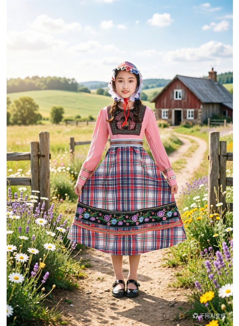 liannaner Kids Traditional European Folk Costume, Girls Floral Embroidered Plaid Dress with Bonnet, Ethnic Peasant Outfit for Halloween & Cultural Events - Image 3