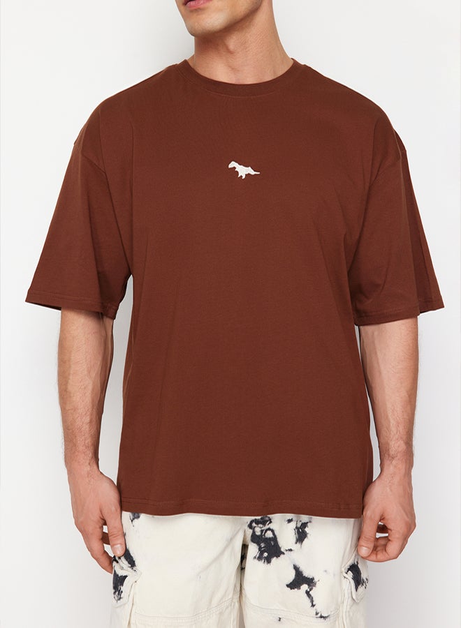 trendyol Brown Oversize/Wide Cutting Dinosaur Embroidered 100% Cotton T-Shirt TMNSS23TS00243 - Image 5