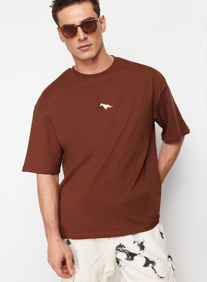 trendyol Brown Oversize/Wide Cutting Dinosaur Embroidered 100% Cotton T-Shirt TMNSS23TS00243 - Image 4