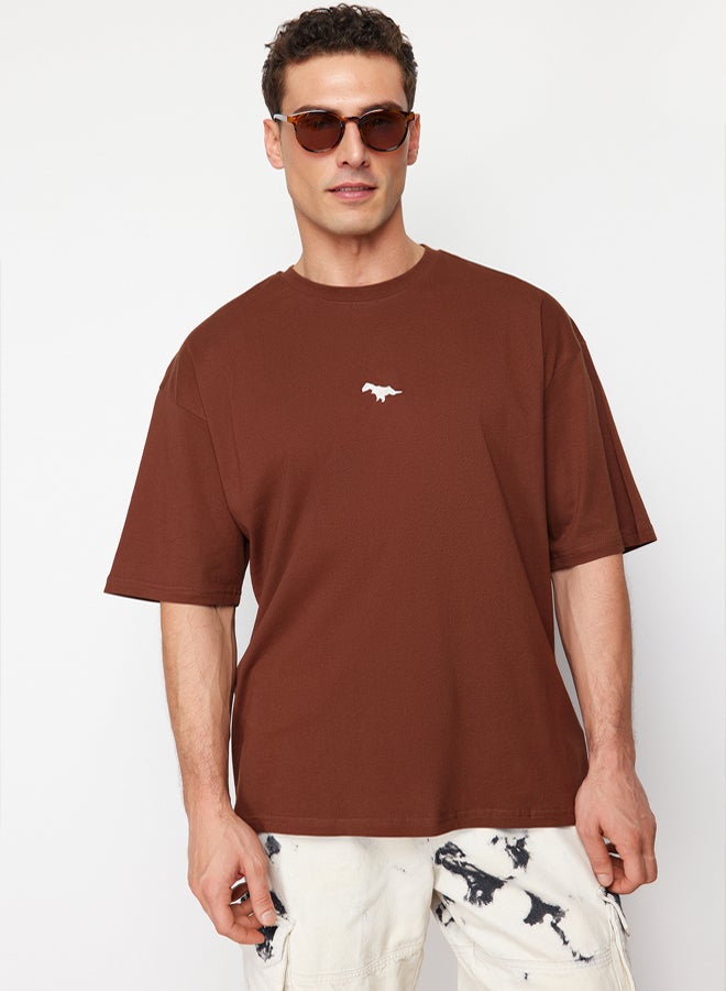 trendyol Brown Oversize/Wide Cutting Dinosaur Embroidered 100% Cotton T-Shirt TMNSS23TS00243 - Image 3