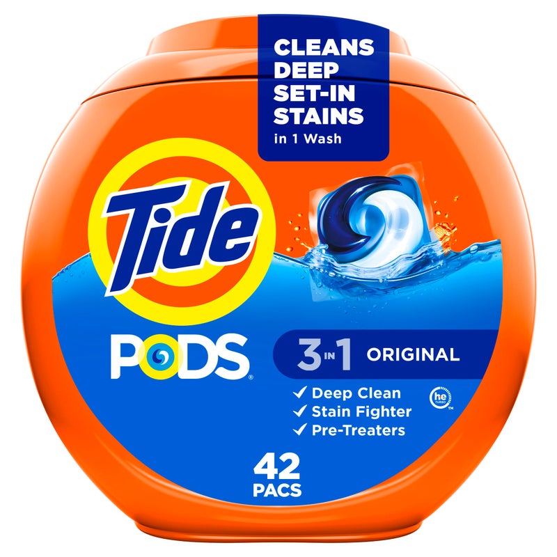 Tide PODS laundry detergent pacs, 3-in-1 Stain Remover, Odor Fighter, Color Protector, 42 Count, HE compatible, Original Scent - Image 1