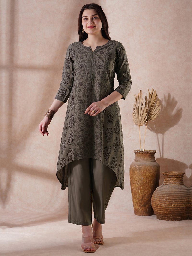 globus Globus Women Grey Round Neck Allover Floral Print High-Low Hem A-Line Kurta With Pants Festive Set  - Image 1